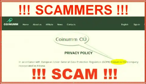 Coinumm Com fraudsters legal entity - information from the scam website
