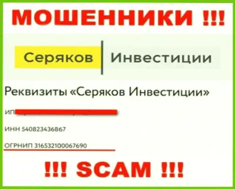Регистрационный номер мошенников сети internet компании Серяков Инвестиции - 316532100067690