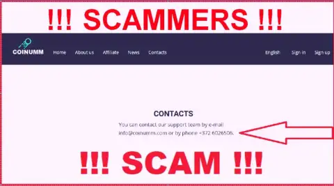 Coinumm Com phone number is listed on the scammers site