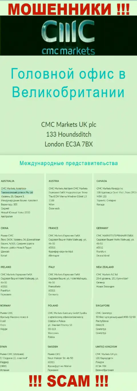 На веб-сайте компании CMC Markets показан ложный адрес - это МОШЕННИКИ !