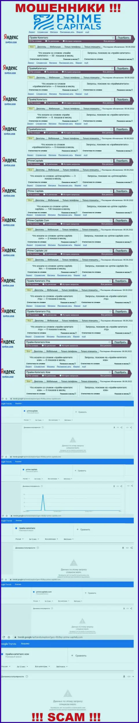 Число онлайн запросов по мошенникам Прайм Капиталз в глобальной сети интернет