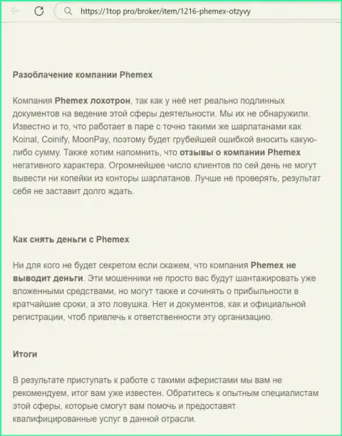 Материал, выводящий на чистую воду организацию PhemEX, взятый с информационного сервиса с обзорами противозаконных деяний разных организаций