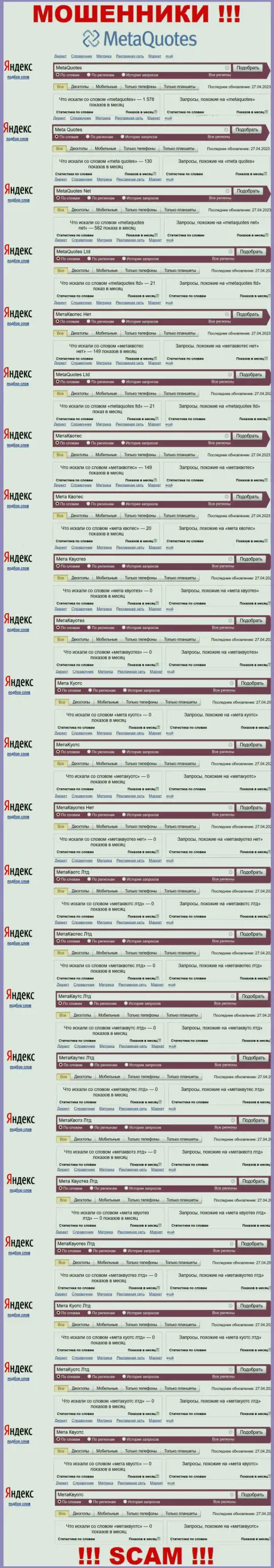 Информация по онлайн запросам бренда Мета Квотес, взятая из инета