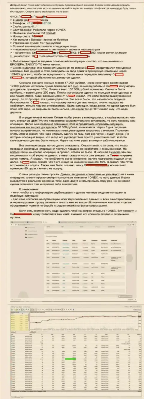 Детальная схема слива форекс игрока жуликами из 1Онекс Ком на 107 000 рублей